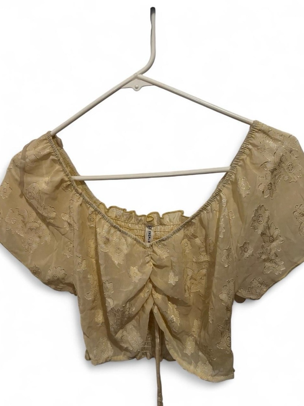 Women’s Cream Floral Ruched Off-Shoulder Crop Top